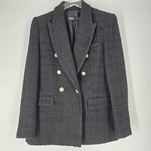 Zara Black Tweed Double Breasted Blazer Size M